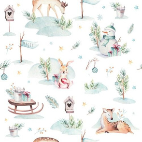 Watercolor new year holidays forest animals: baby deer, bunny, snowman and sled 