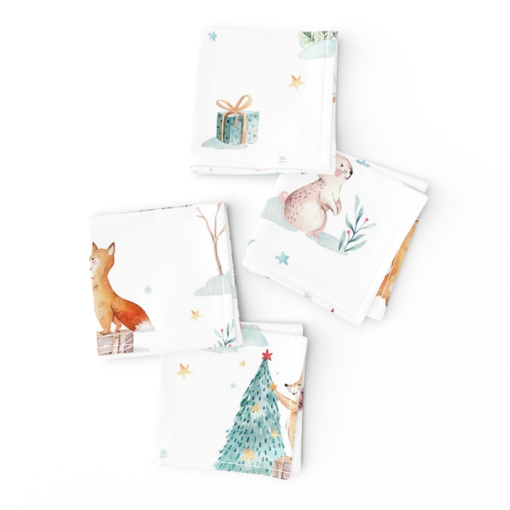 Watercolor winter holiday forest animals:  baby hedgehog, fox, bunny and snowman