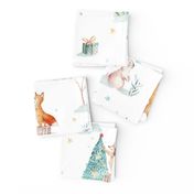 Watercolor winter holiday forest animals:  baby hedgehog, fox, bunny and snowman