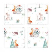 Watercolor winter holiday forest animals:  baby hedgehog, fox, bunny and snowman