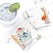 Watercolor winter holiday forest animals:  baby hedgehog, fox, bunny and snowman