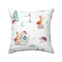 Watercolor winter holiday forest animals:  baby hedgehog, fox, bunny and snowman