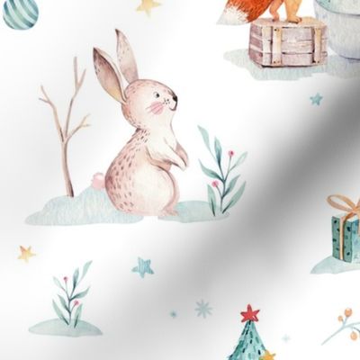 Watercolor winter holiday forest animals:  baby hedgehog, fox, bunny and snowman