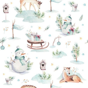 Watercolor christmas holidays forest animals: baby deer, snowman and sled 