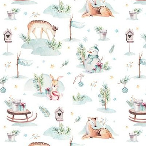 Watercolor new year holidays forest animals: baby deer, bunny, snowman and sled 