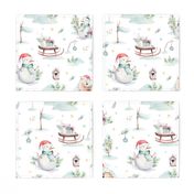 Watercolor new year holidays forest animals: baby deer, snowman and sled 