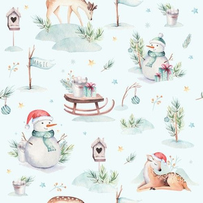 Watercolor christmas holidays forest animals: baby deer, snowman and sled 