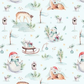 Watercolor magic holiday forest animals: baby deer, snowman and sled 