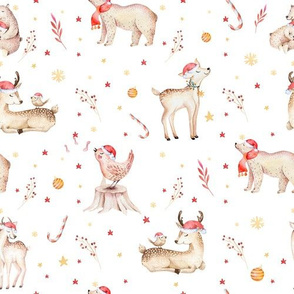 Watercolor magic holiday forest animals: baby deer and bear 