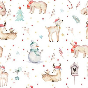 Watercolor christmas holidays forest animals: baby deer,bear and snowman 
