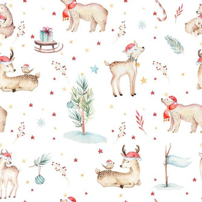 Watercolor magic holiday forest animals: baby deer, bear and bird 