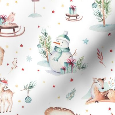 Watercolor magic holiday forest animals: baby deer,bear and snowman 