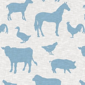 Farm animals - baby blue on grey linen