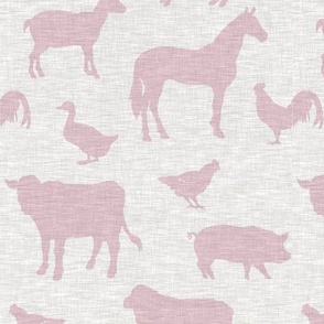 Farm animals - pink on grey linen
