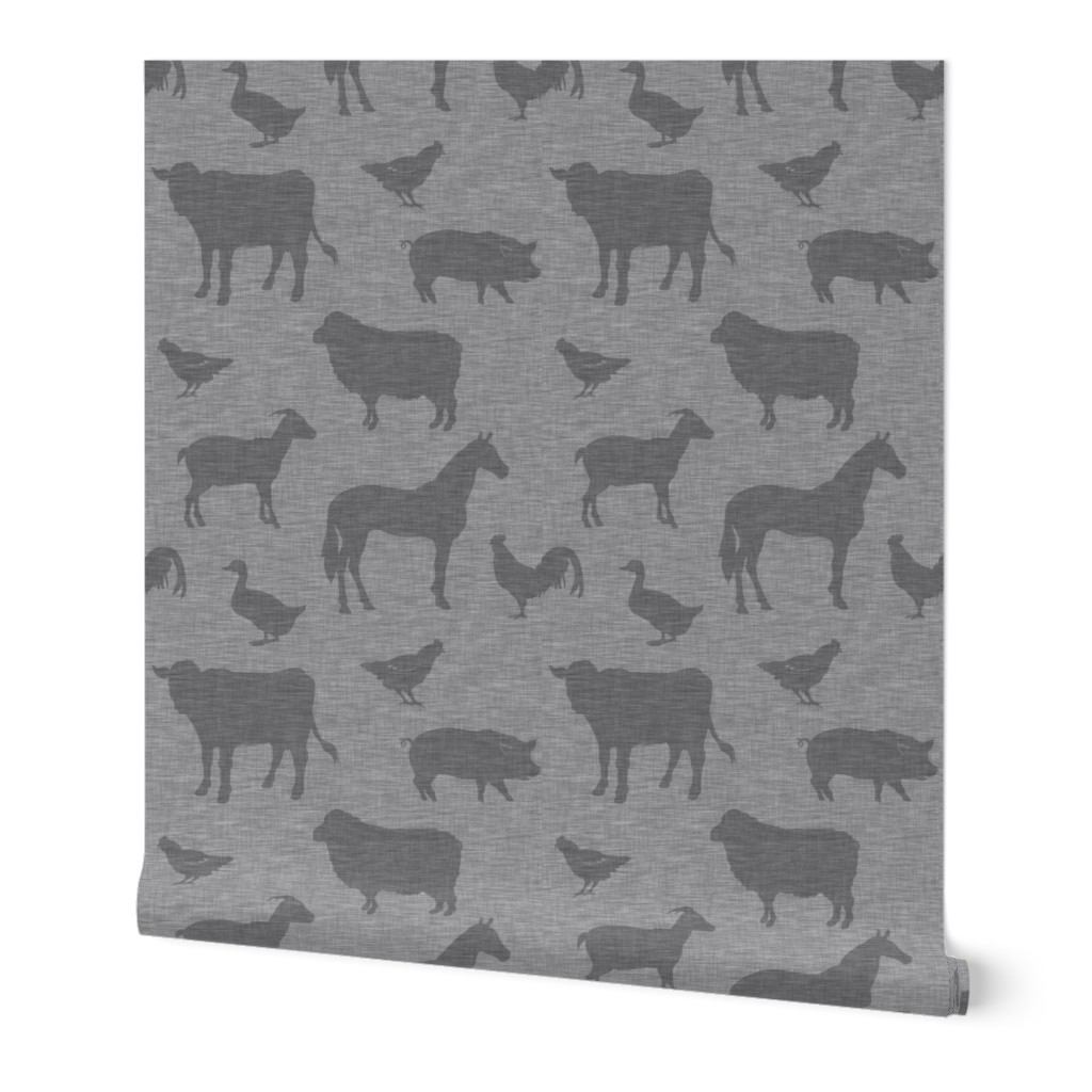 Farm animals - medium grey on grey linen