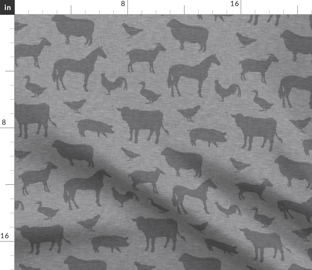 Farm animals - medium grey on grey linen