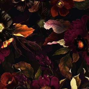 Vintage Summer Night Romanticism: Maximalism Moody Burgundy Florals And Golden Leaves- Antiqued Roses and Nostalgic - Gothic Mystic Night-  Antique Botany Wallpaper and Victorian Goth Mystic inspired - black