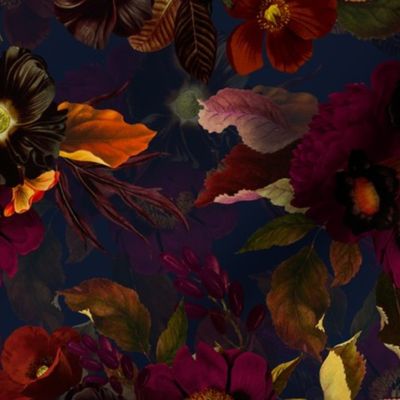 Vintage Summer Night Romanticism: Maximalism Moody Burgundy Florals And Golden Leaves- Antiqued Roses and Nostalgic - Gothic Mystic Night-  Antique Botany Wallpaper and Victorian Goth Mystic inspired