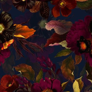 Vintage Summer Night Romanticism: Maximalism Moody Burgundy Florals And Golden Leaves- Antiqued Roses and Nostalgic - Gothic Mystic Night-  Antique Botany Wallpaper and Victorian Goth Mystic inspired