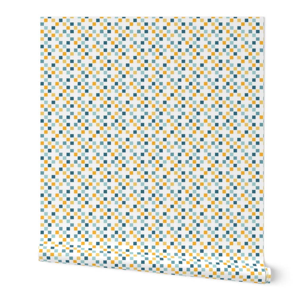 Blue and yellow check / little squares on white