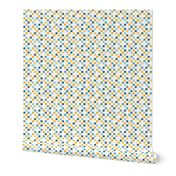 Blue and yellow check / little squares on white