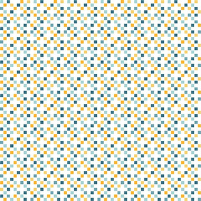 Blue and yellow check / little squares on white