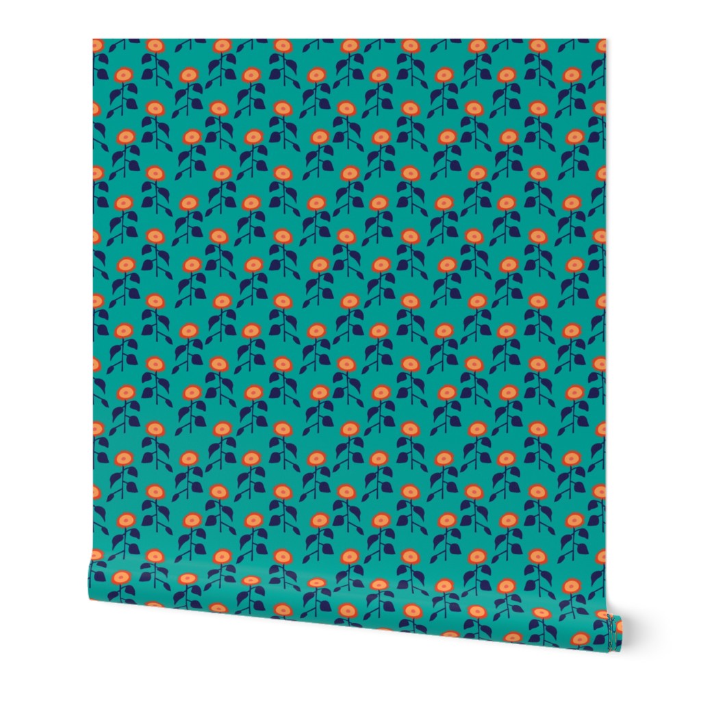 Row of Sunflowers Pattern on a turquoise background