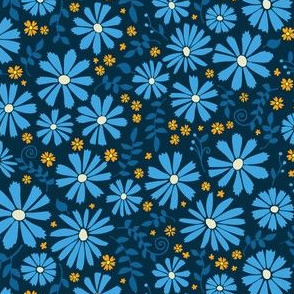 Field of Daisies - blue and orange on black