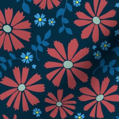 Field of daisies - red and blue on black