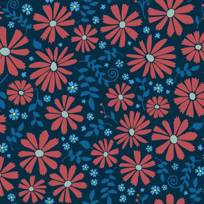 Field of daisies - red and blue on black