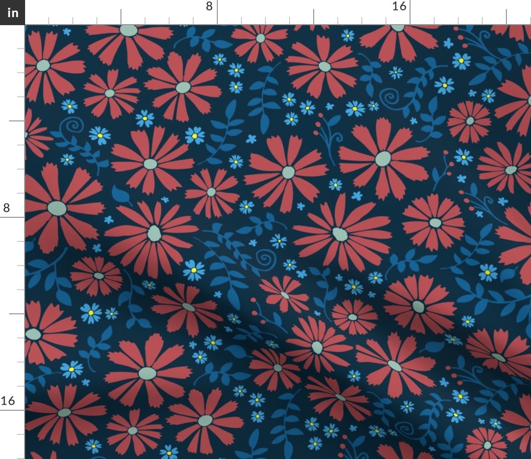 Field of daisies - red and blue on black