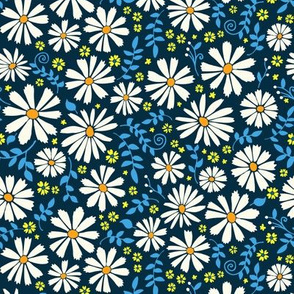 Field of daisies - white with yellow and blue on black