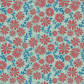 Field of daisies - red and blue on sage