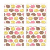 Small scale // Mexican conchas // white background pink yellow & brown shells