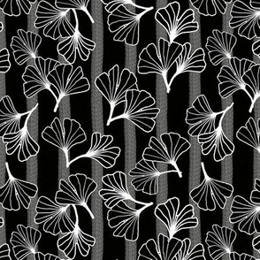 White Outline Ginkgos on Black Stripe