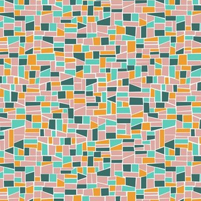 mini mosaic tile print_vintage greens, pink and saffron orange-yellow