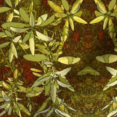 Golden Sage Leaves on Red Art Nouveau Tapestry 