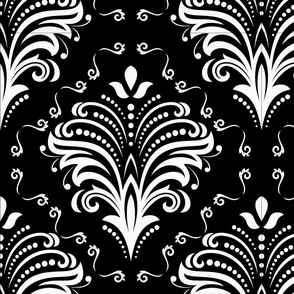 Damask Large Floral White on Black