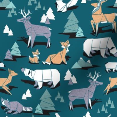 Small scale // Origami woodland I // dark teal background orange teal white and violet animals