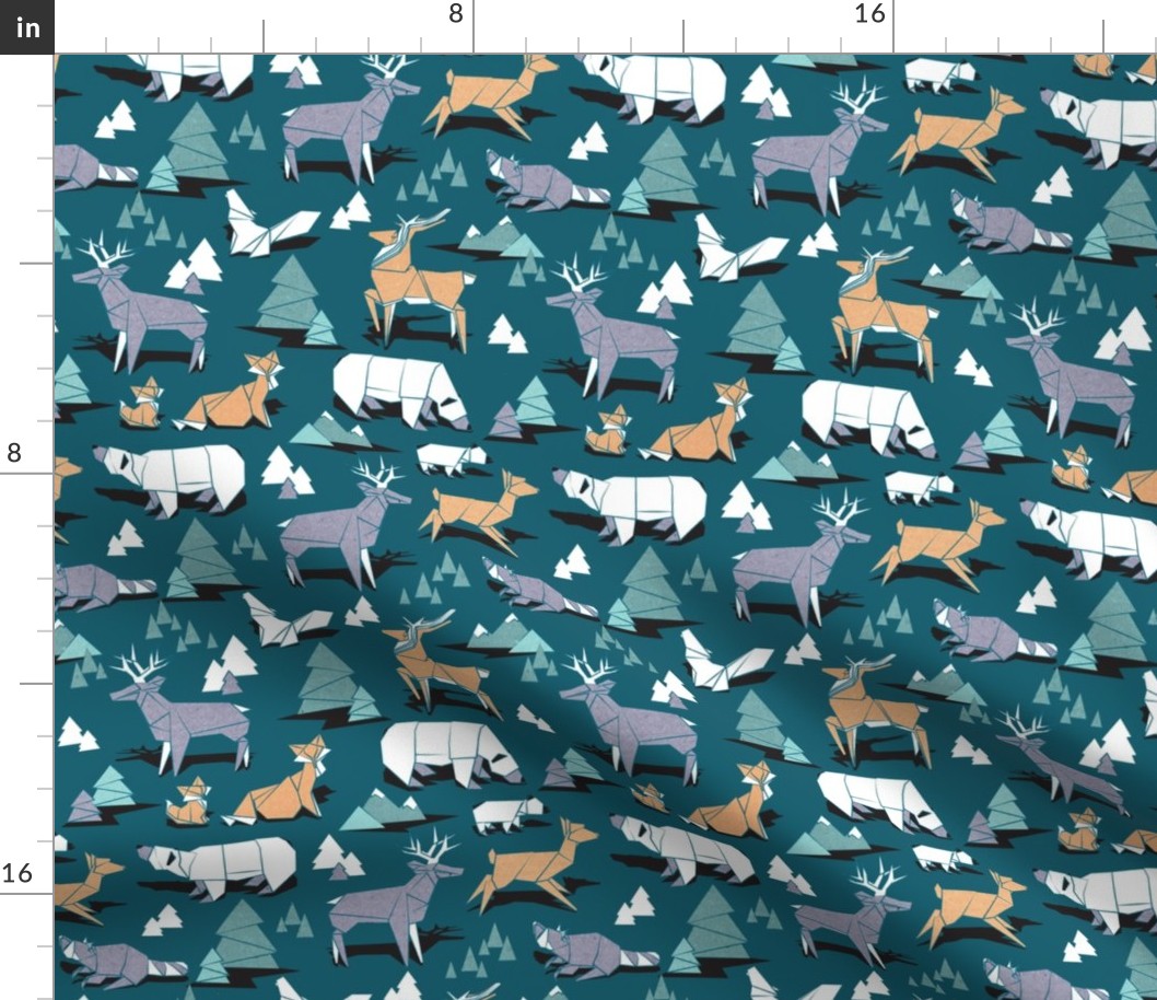 Small scale // Origami woodland I // dark teal background orange teal white and violet animals