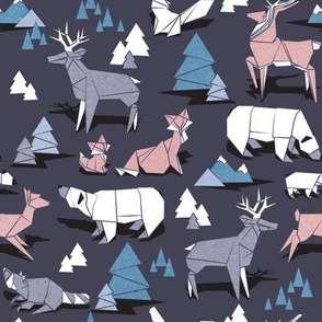 Small scale // Origami woodland II // dark violet background pink blue white and violet animals
