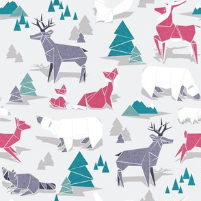Small scale // Origami woodland IV // beige background red teal white and violet animals