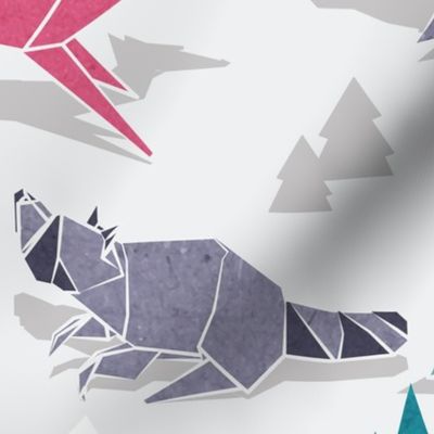 Large jumbo scale // Origami woodland IV // beige background red teal white and violet animals