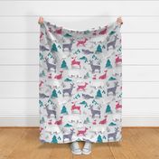 Large jumbo scale // Origami woodland IV // beige background red teal white and violet animals