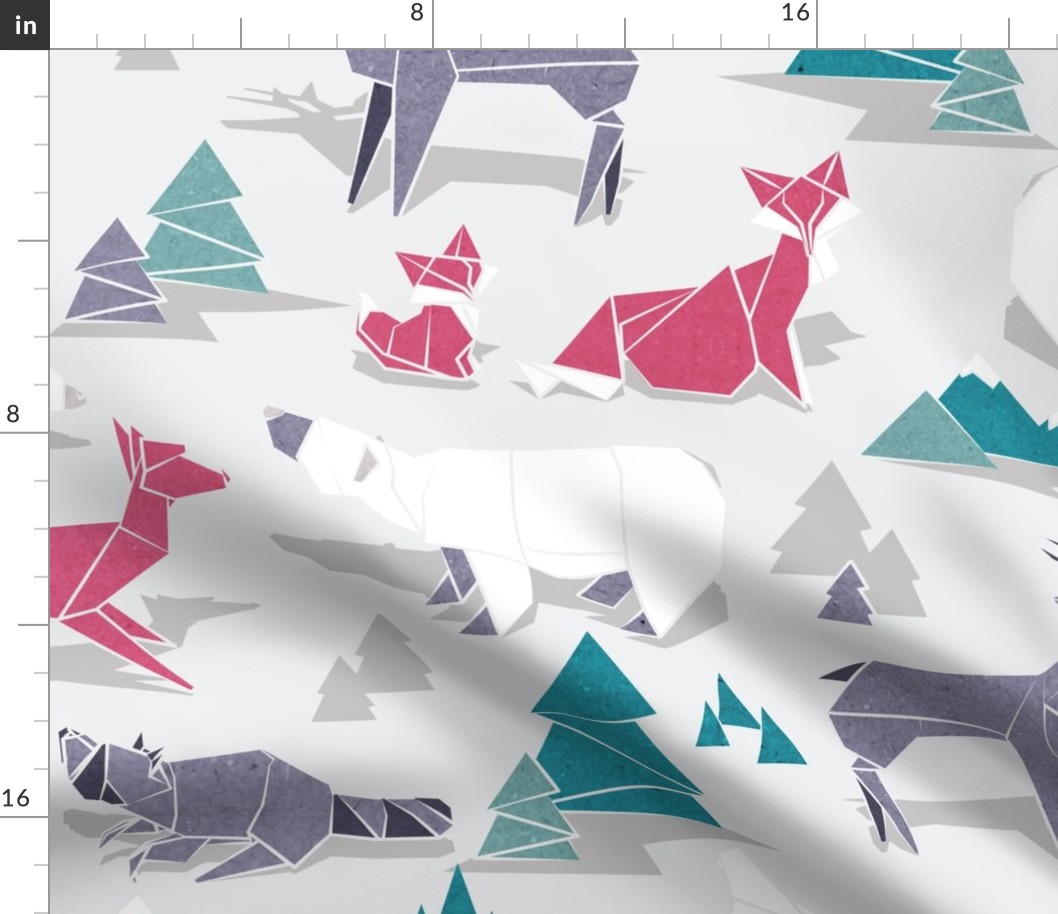 Large jumbo scale // Origami woodland IV // beige background red teal white and violet animals