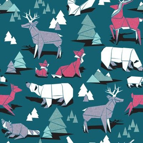 Small scale // Origami woodland IV // dark teal background red teal white and violet animals