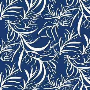 Feathery Leaves of Icy Cream on Deep Indigo - Large Scale