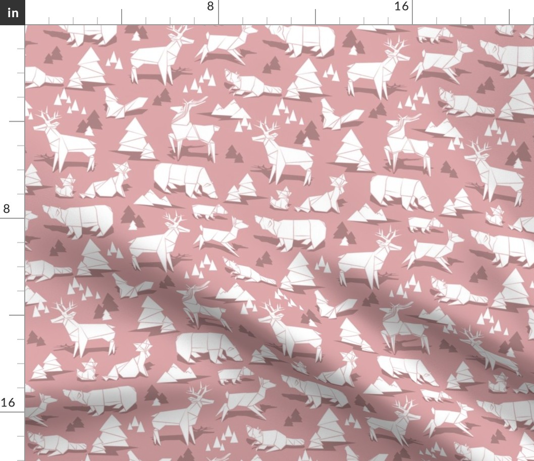 Small scale // Origami woodland monochromatic II // dry rose background white animals