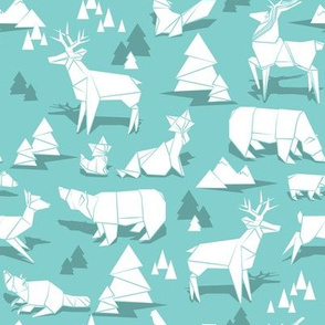 Small scale // Origami woodland monochromatic III // mint background white animals
