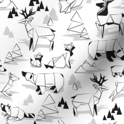 Small scale // Origami woodland monochromatic VI // white background black and white animals